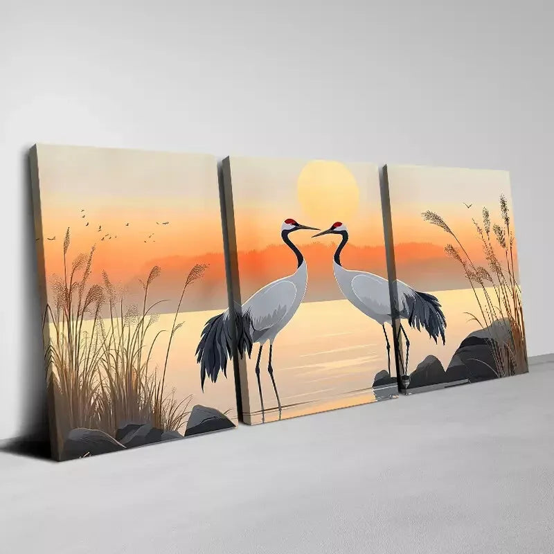 3-Piece Nature Serene Crane Lake Sunset Wall Art Set - Framed Canvas 40x60cm - High Quality Australian Made Print - Ready to Hang - Perfect for Living Room, Bedroom & Office Decor
