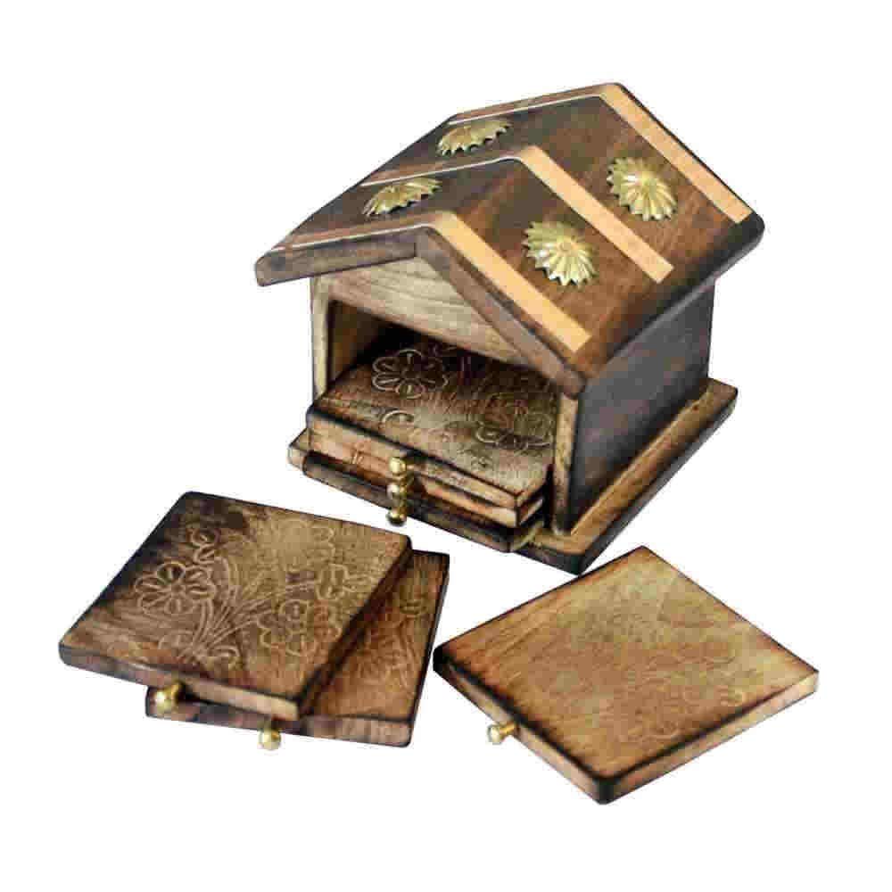 Hashmi Crafts Wooden Hut Shape Coasters Set of 6 - Square Drink Coasters for Dining Table, Coffee Mugs, Beer Cans, Bar Glasses & Tea Cups - Rustic Home Decor for Kitchen, Living Room & Office Use