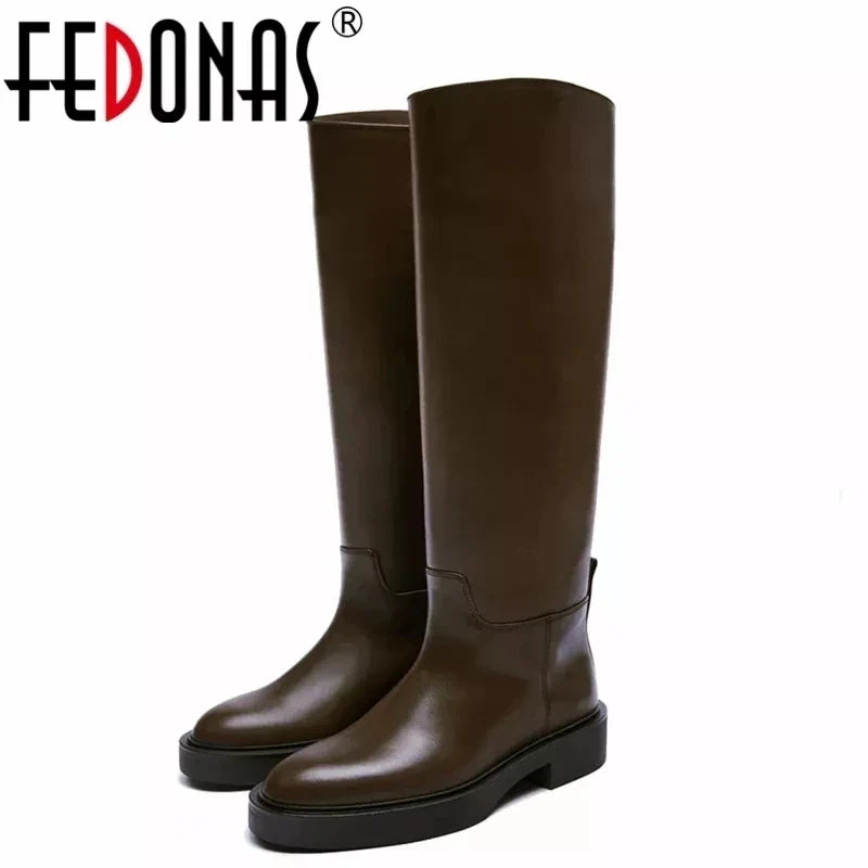 FEDONAS Women's Genuine Leather Knee High Boots with Thick Heel - Warm Winter Riding Boots for Autumn & Winter - Perfect for Motorcycle Riding, Office Wear & Cold Weather Fashion