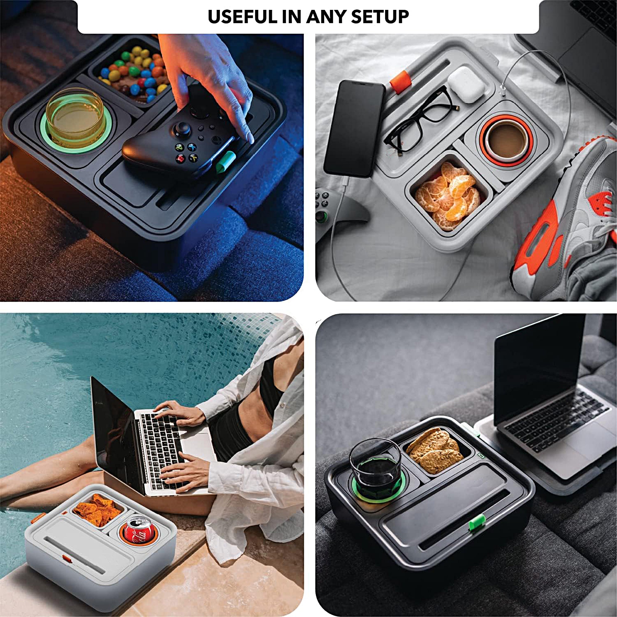 INSTA Tray - Adjustable Sofa Armrest Caddy with Cup Holder & Phone Stand for Drinks, Snacks & Remote Control - Perfect for Living Room, Bed, Couch Watching TV or Gaming