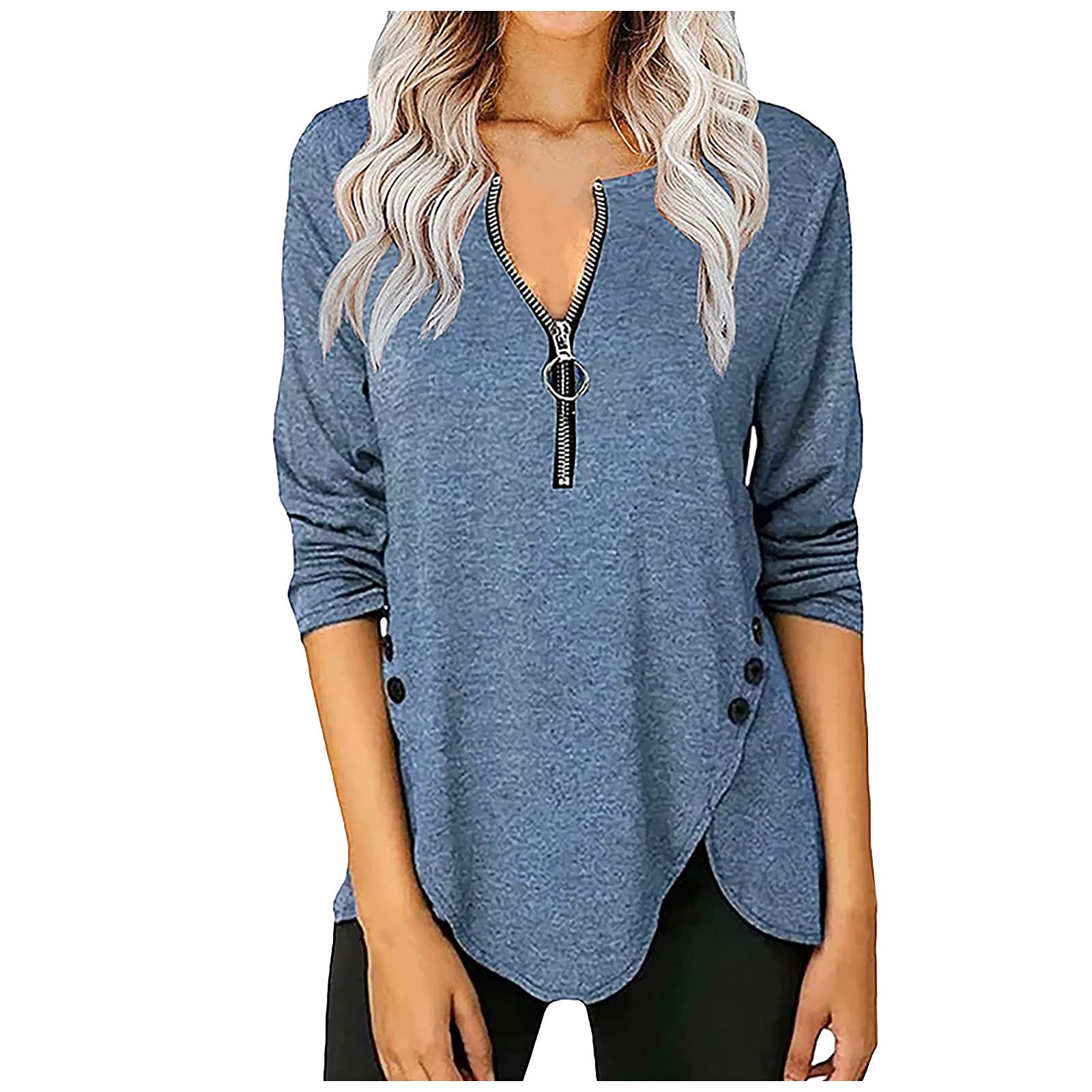 ZEFOTIM Women's Trendy Spring Fashion Tops - Casual Long Sleeve V-Neck Blouse with Button Trim & Zipper | Perfect for Office Wear, Date Nights & Weekend Outfits