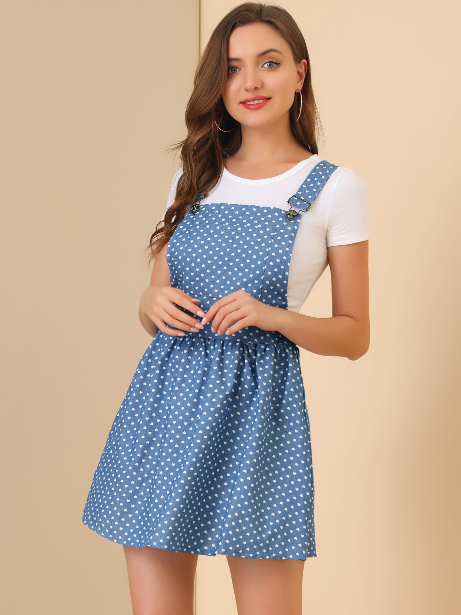 Allegra K Women's Printed Chambray Pinafore Dress with Adjustable Straps - Stylish Mini Overalls for Casual Outings, Summer Fashion & Boho Chic Looks