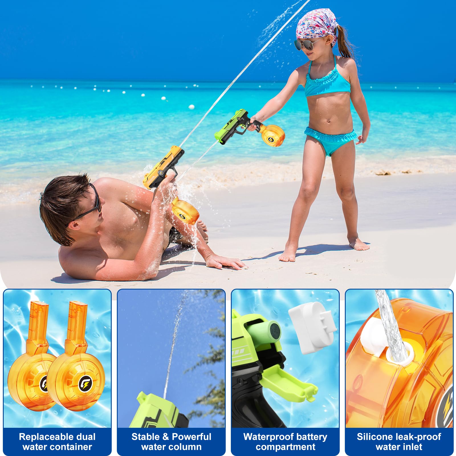 VATOS 4 Pack Rechargeable Electric Water Blaster Squirt Gun Toy - 450CC+58CC Large Capacity Automatic Water Pistol | 32 FT Range Summer Outdoor Water Toys for Kids & Adults | Perfect for Beach, Pool, Backyard Battles and Birthday Parties