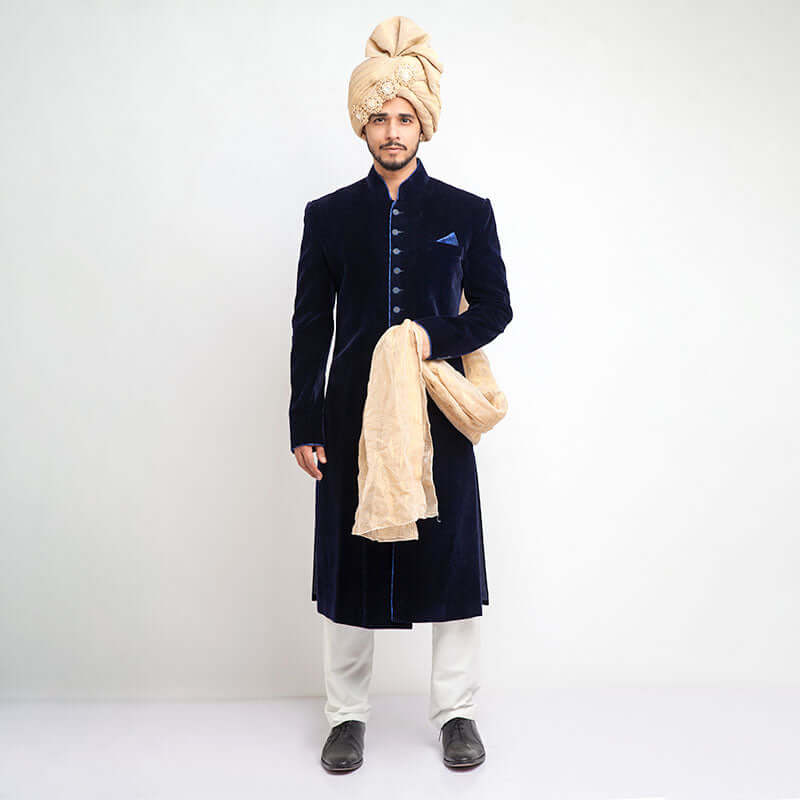 Jet Black Velvet Sherwani for Men - Slim Fit Indian Wedding Suit - Perfect for Cocktail Parties, Groom Wear & Special Occasions