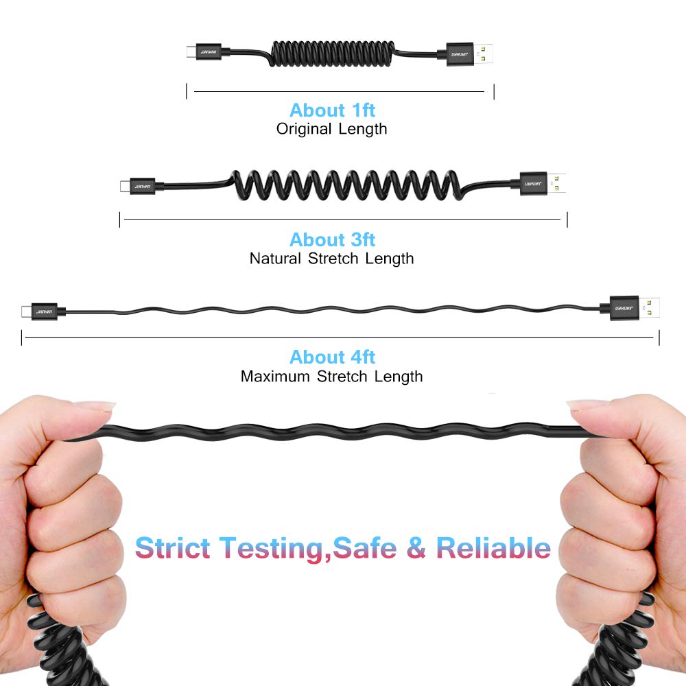 2-Pack 4ft Coiled USB C Fast Charging Cable for Car - Spring USB Type C Charger Compatible with Samsung Galaxy S10/S9/S8/Note 8/9, LG G7/G6/G5, Google Pixel 2 - Durable & Tangle-Free (Black) - Perfect for Road Trips & Daily Commuting