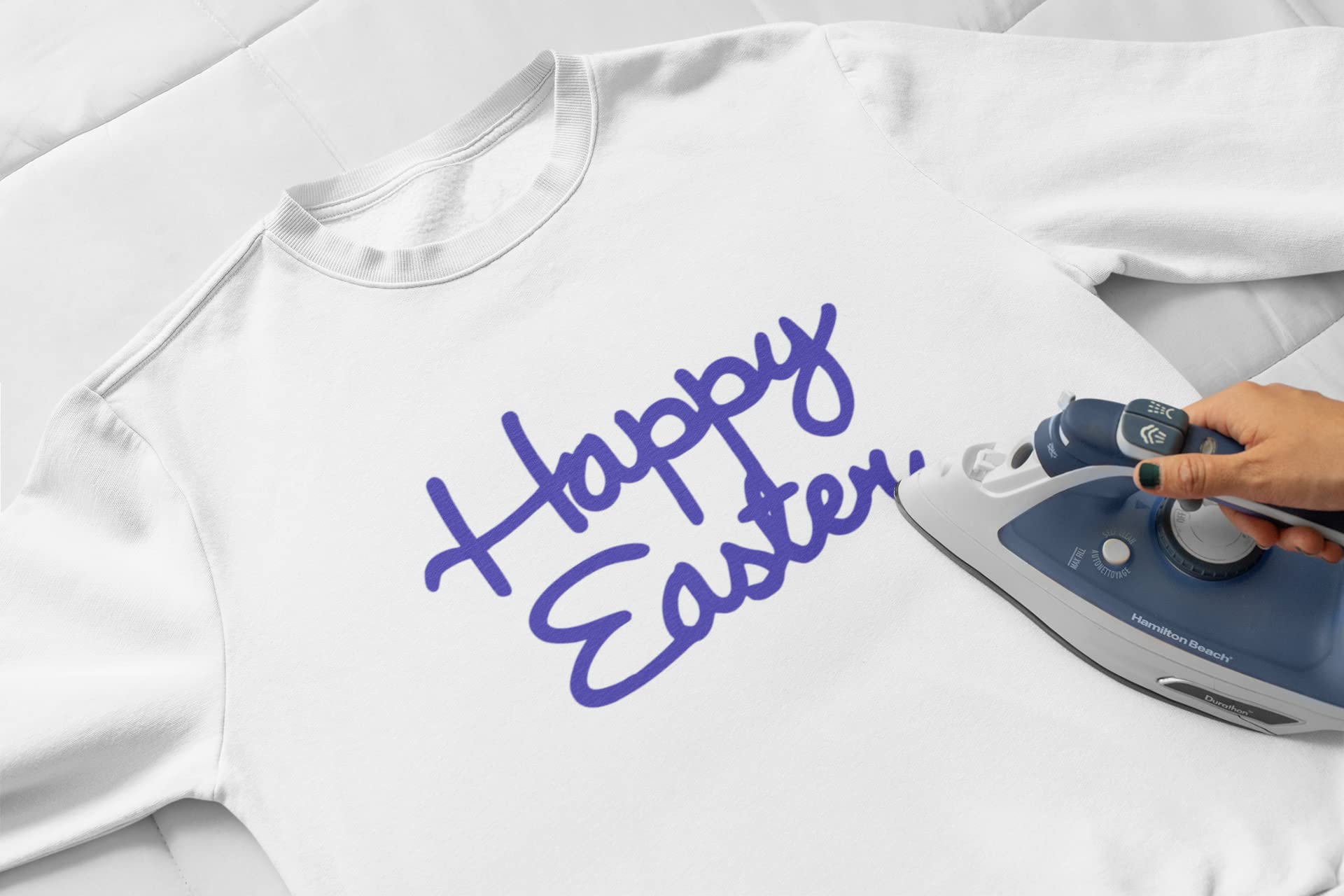 Happy Easter Iron On Decal - Easter Shirt Decal with Blue Glitter - Heat Transfer Patch for DIY Easter Gifts & Applique - Perfect for T-Shirts, Tote Bags & Easter Decorations