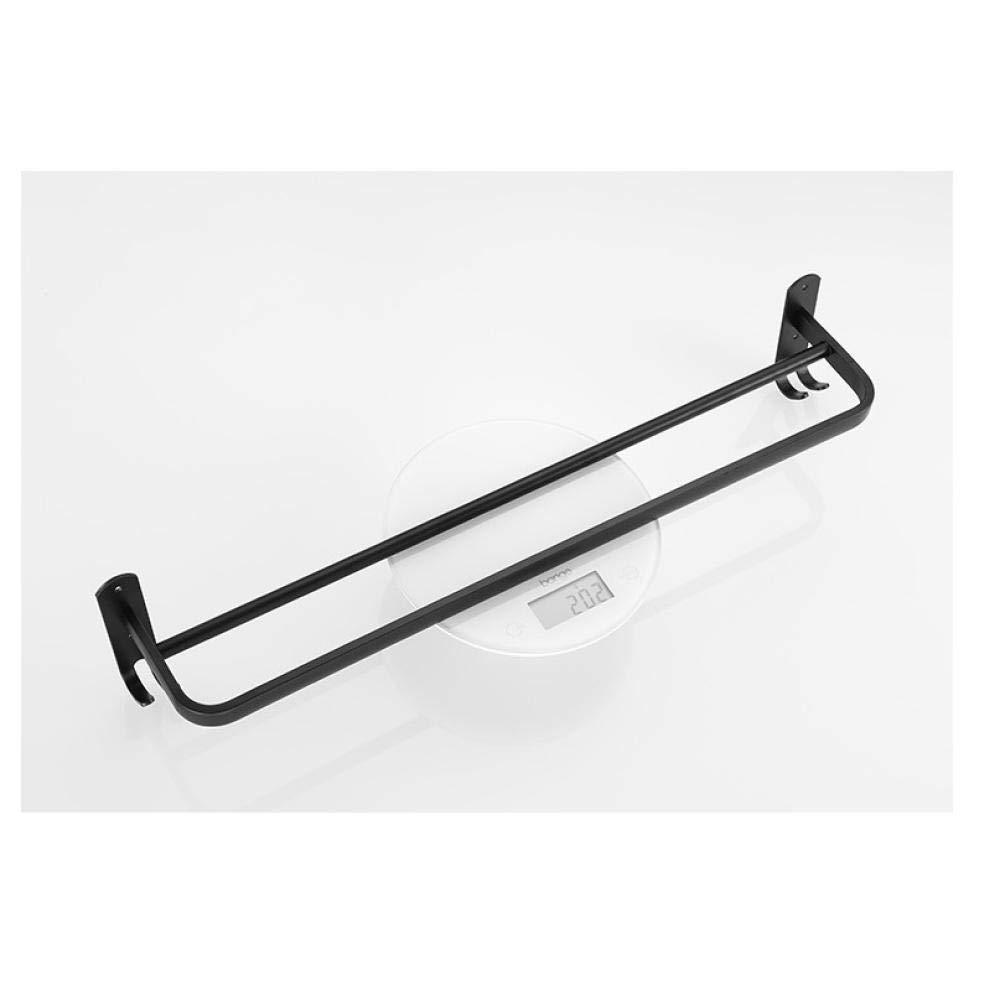 Black Aluminum Double Rod Towel Rack with Hooks - 60CM Wall Mounted Bathroom Towel Holder, Space Saving Hotel Shelf for Towels & Robes - Perfect for Bathroom, Kitchen, Laundry Room Organization