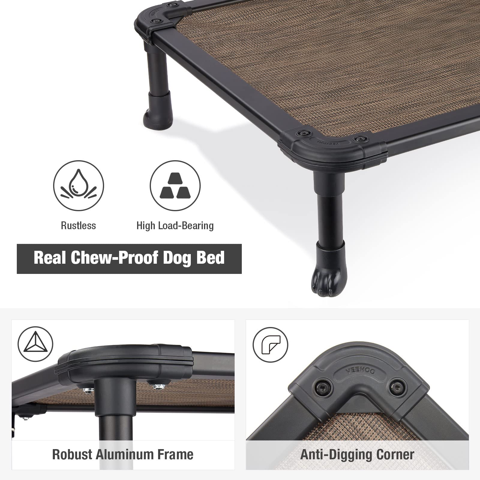 Veehoo Chew Proof Cooling Dog Bed - Durable Raised Pet Cot with Aluminum Frame for Indoor/Outdoor Use - Medium Brown