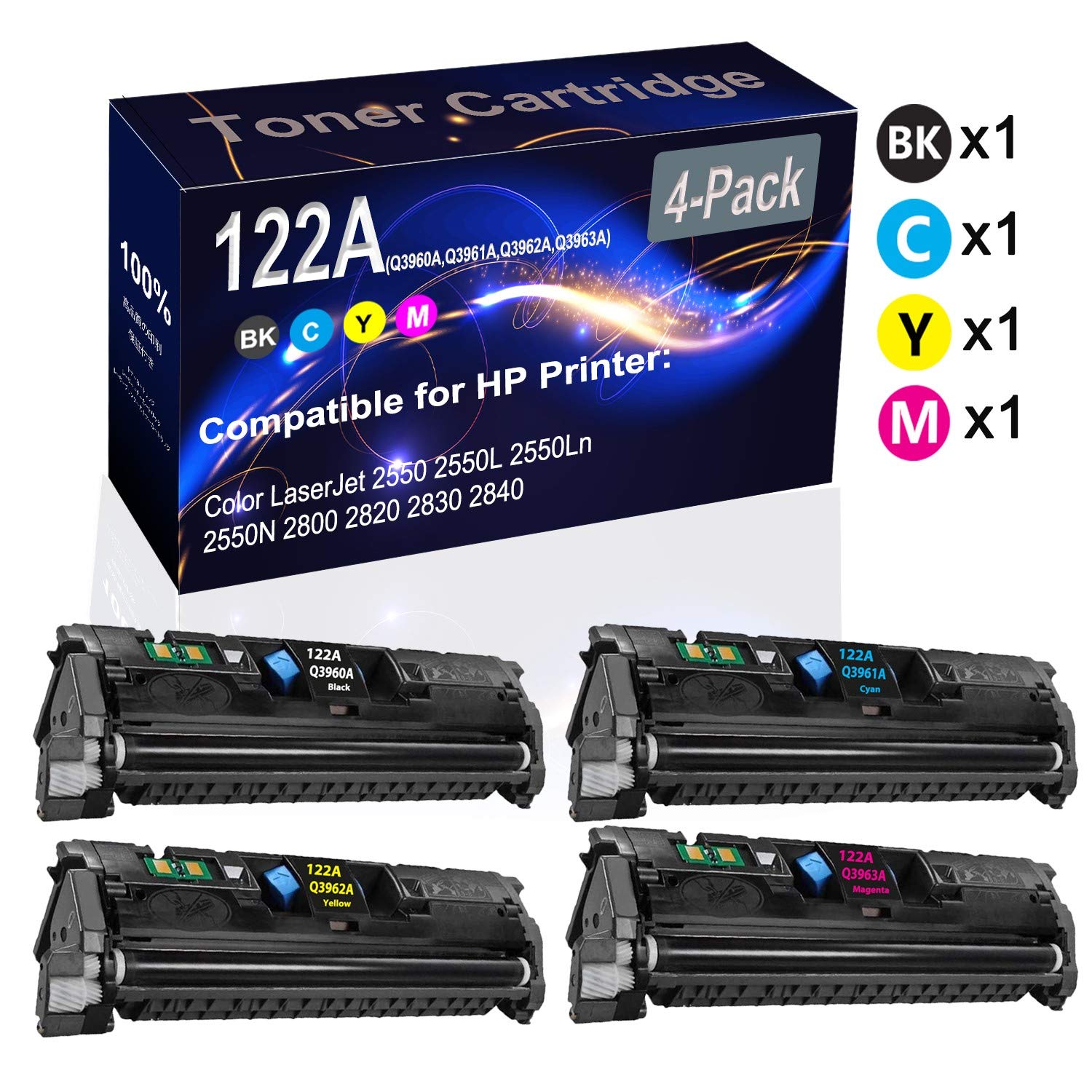 4-Pack High Capacity Compatible Laser Toner Cartridge for HP 122A (Q3960A Q3961A Q3962A Q3963A) - Works with HP 2550 2550L 2550Ln 2550N 2800 2820 2830 2840 Printers - Perfect for Office & Home Printing Needs