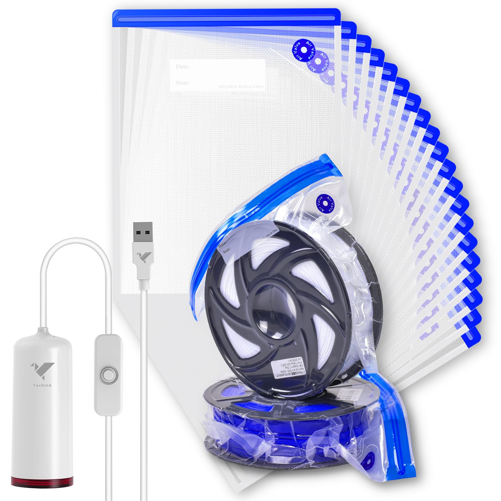 20-Pack 3D Printer Filament Vacuum Storage Bags Kit with USB Pump | Moisture-Proof & Airtight Storage Solution | Perfect for PLA, ABS Filament Organization & Long-Term Preservation