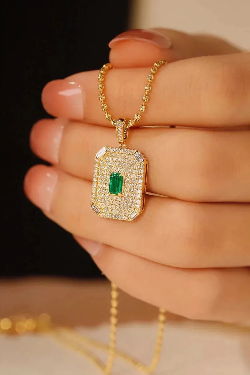 18K Yellow Gold Emerald and Diamond Necklace for Women - Luxury Real Natural Gemstone Jewelry, Perfect for Parties, Weddings & Special Occasions