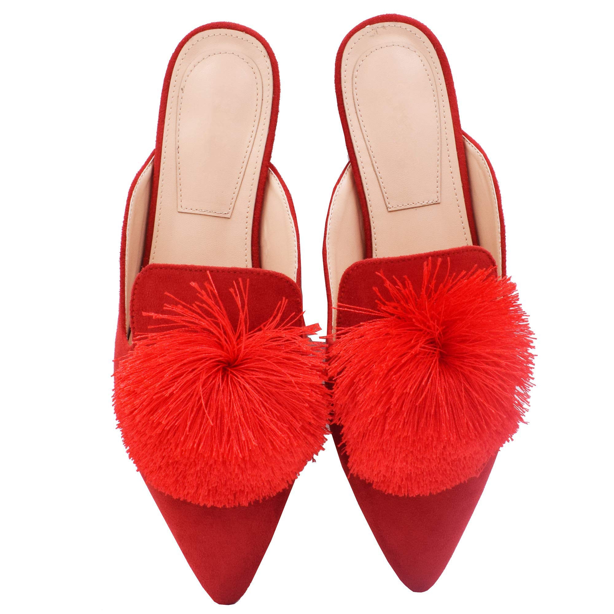 Fericzot Women's Slip-On Mule Loafers - Backless Pointed Toe Flats with Puff Pompom | Comfortable Casual Shoes & House Slippers for Work, Travel & Home Wear