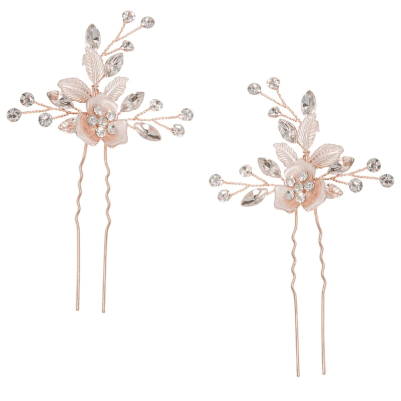 Rose Gold Bridal Hair Pins with Crystals - Wedding Hair Accessories for Brides, Bridesmaids & Prom - Elegant Crystal Hair Clips for Women & Girls (Style 7695) - Perfect for Weddings, Parties & Special Occasions