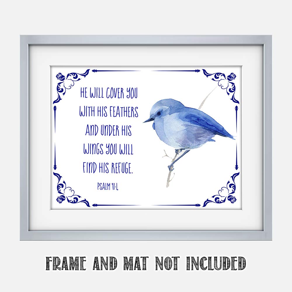 Psalm 91:4 Bible Verse Wall Print - 11x14 Watercolor Art - Inspirational Home Decor & Gift