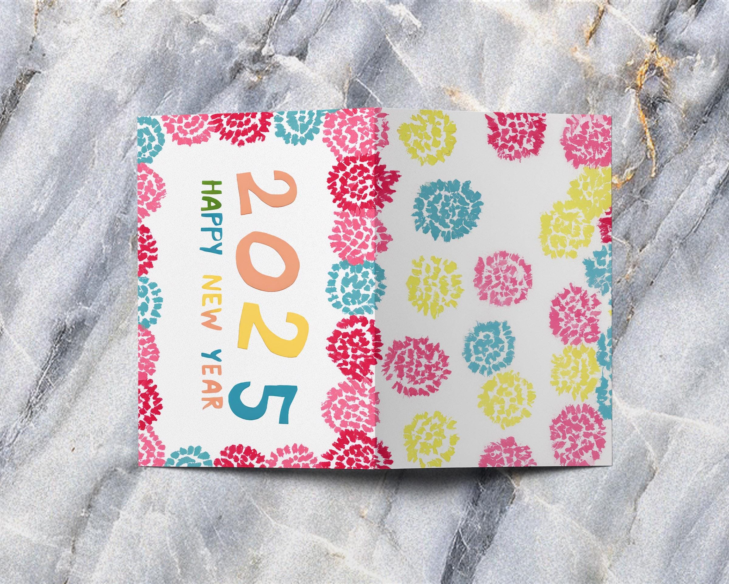 2025 New Year Greeting Card | Colorful Hand-Drawn Design by George Miller with Festive Floral Border | Perfect for Holiday Wishes, Office Gifts & Family Celebrations