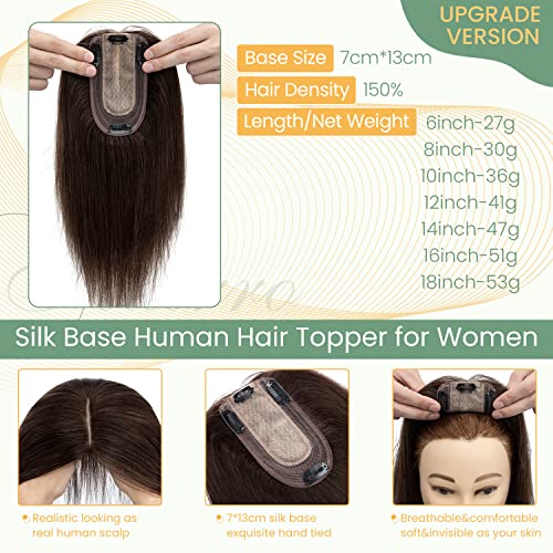Clip in Human Hair Topper with Silk Base - Natural Looking Hairpiece for Thinning Hair - Perfect for Daily Wear, Special Occasions & Styling