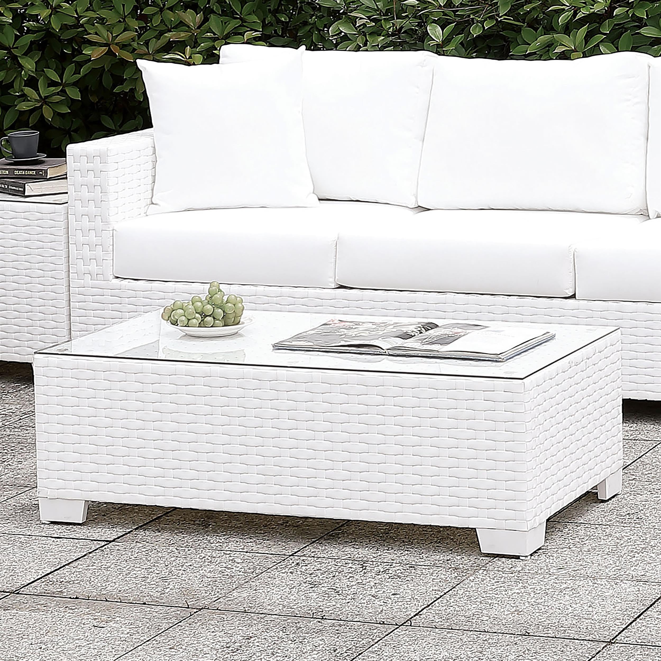 Furniture of America Arthur White Rattan Rectangular Patio Ottoman - Outdoor Garden, Poolside, and Patio Lounge Seating Accent Piece