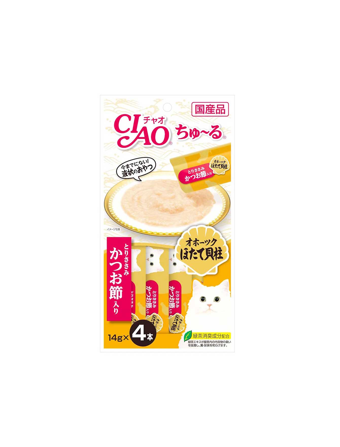 Premium Ciao Churu Chicken Fillet Scallop & Sliced Bonito Cat Treats 14g (4-Pack) - Irresistible Soft Puree Snacks for Cats, Perfect for Training, Bonding & Treat Time