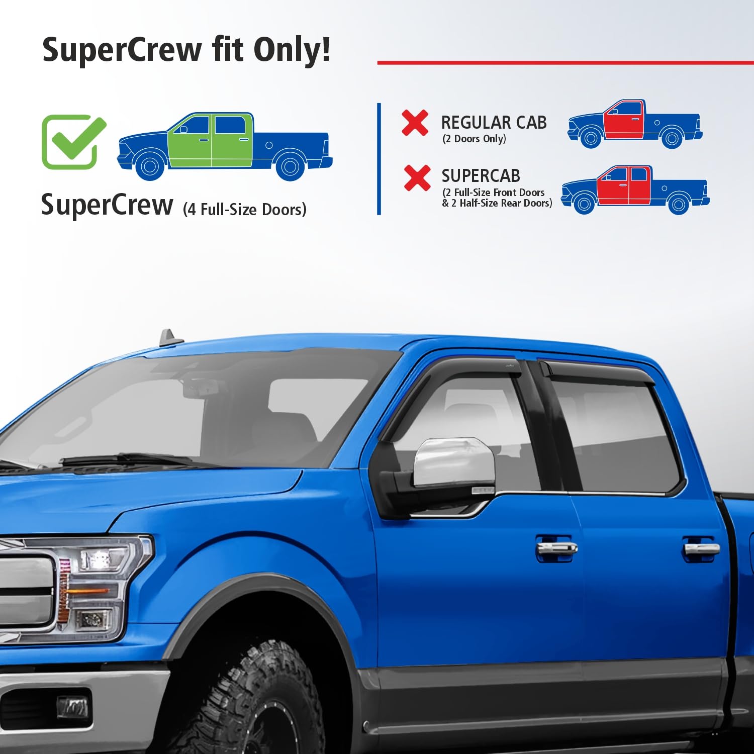 Goodyear Shatterproof Side Window Deflectors for Ford F150 2015-2025 SuperCrew - 4pc Tape-on Vent Visor Rain Guards - Truck Accessories for Weather Protection & Improved Airflow - Perfect for Highway Driving & All-Season Use