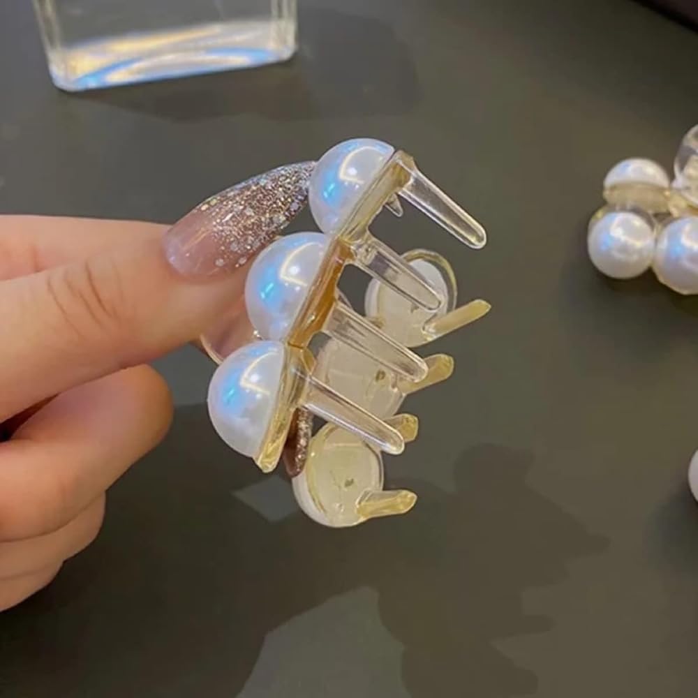 RSJ TRADERS Korean 3-Piece Big Pearl Hair Claw Clips - 4.5cm Plastic Hair Clips for Women, Strong Hold Barrettes for Thick & Thin Hair - Perfect for Updos, Ponytails & Everyday Styling