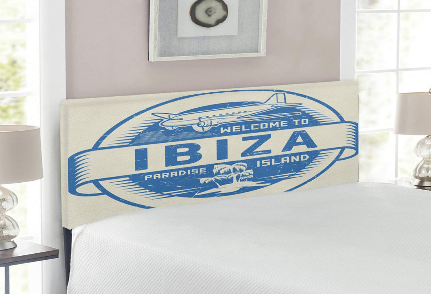 Lunarable Ibiza Upholstered Headboard - Tropical Island & Palm Trees Design, Full Size Metal Bed Headboard with Memory Foam in Eggshell & Blue | Perfect for Beach-Themed Bedrooms & Vacation Home Decor