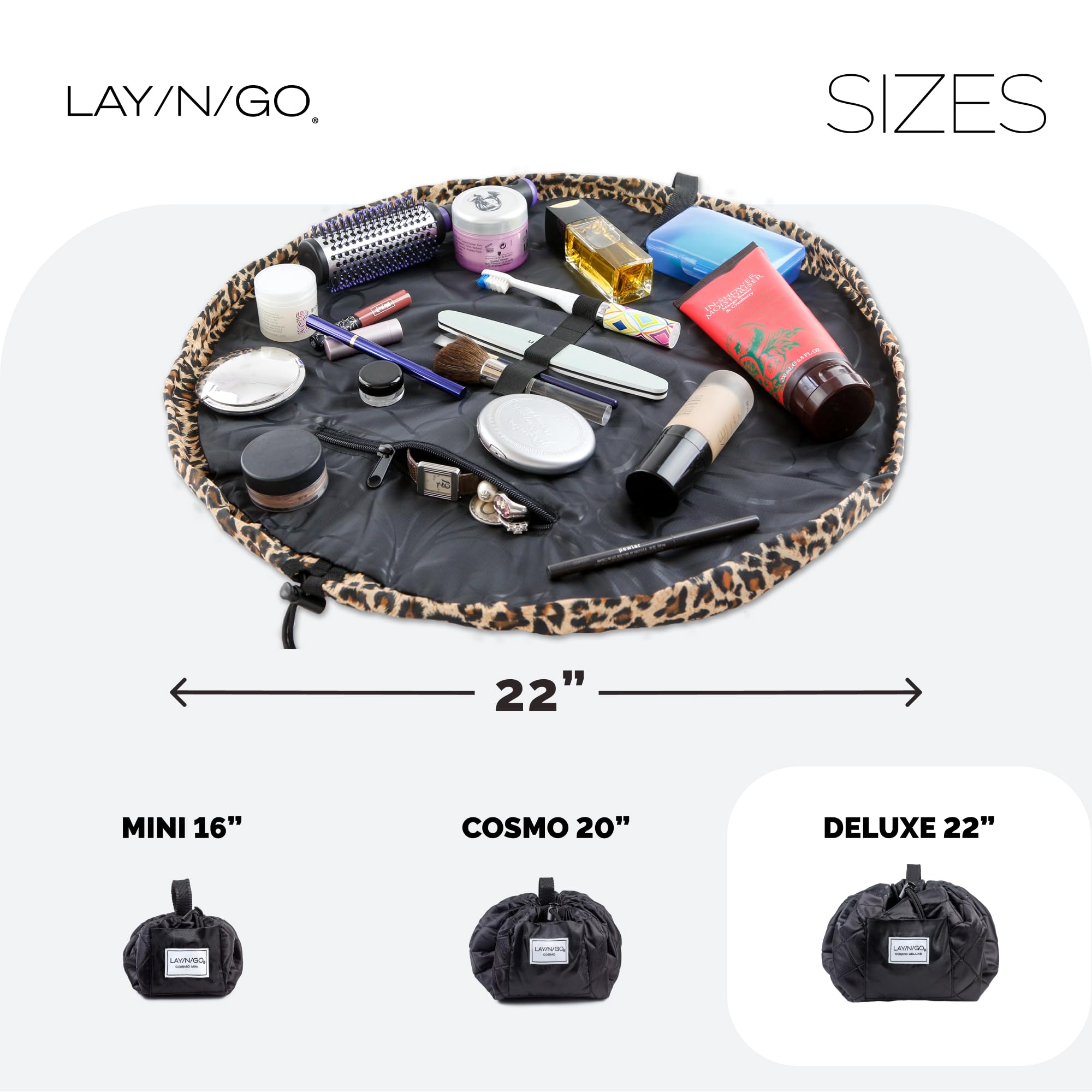 Lay-n-Go Cosmo Drawstring Cosmetic & Makeup Bag Organizer with Zipper Pocket & Makeup Loops - Durable Machine Washable Travel Makeup Pouch (22 Inches, Leopard Print) - Perfect for Travel, Gym & Daily Organization