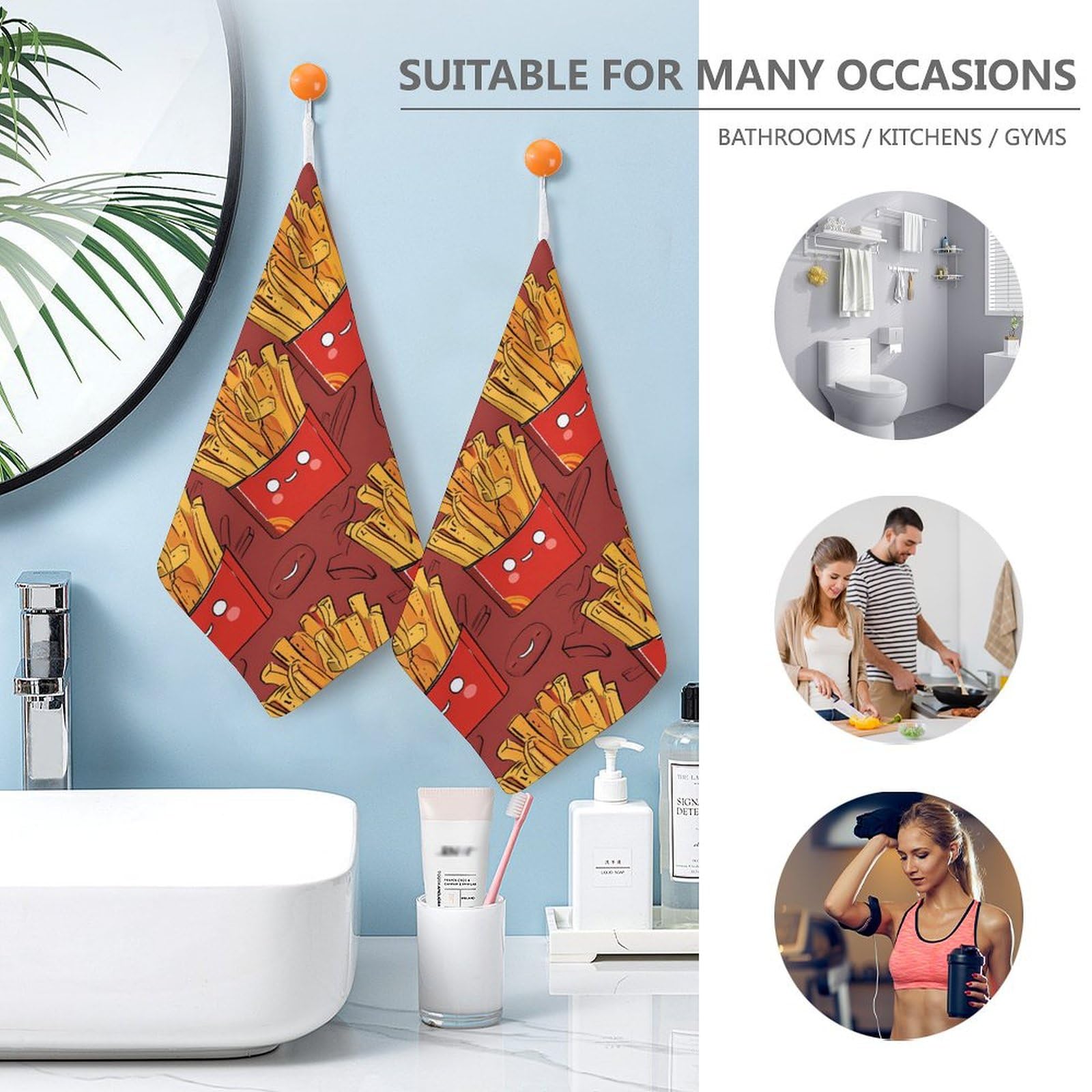 Premium French Fries Potato Chips Pattern Hand Towel - Soft Washcloth & Bath Towel with Hanging Loop - Perfect for Travel, Home & Bathroom (1PC) - Great for Kitchen Decor, Gag Gifts & Unique Bath Accessories