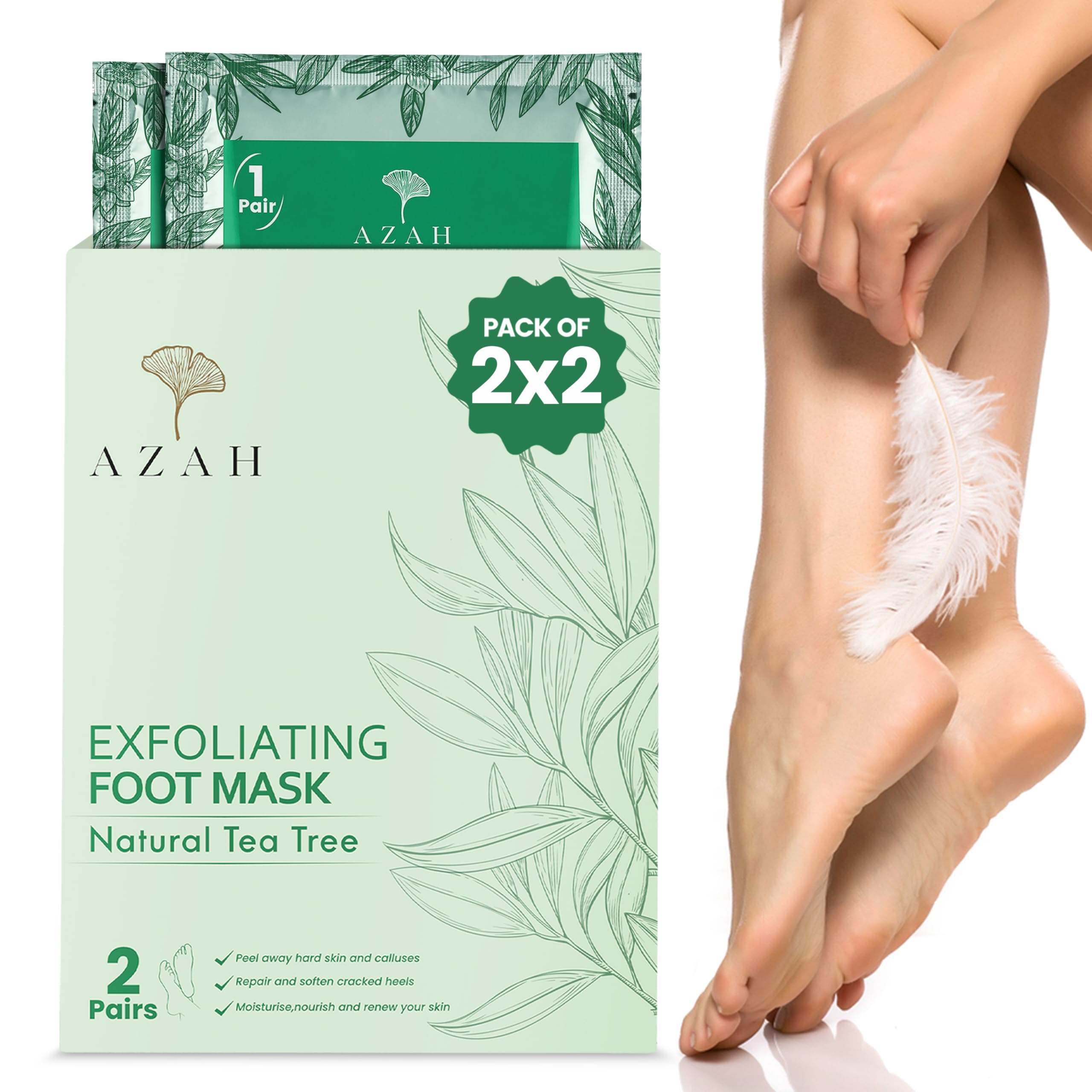 Azah Foot Mask Peeling Exfoliating Treatment [2-Pack] - Cracked Heel Repair, Dead Skin Removal & Moisturizing Foot Care - Tea Tree Infused Exfoliation Sheets for Soft Smooth Feet - Perfect for At-Home Pedicures & DIY Spa Days
