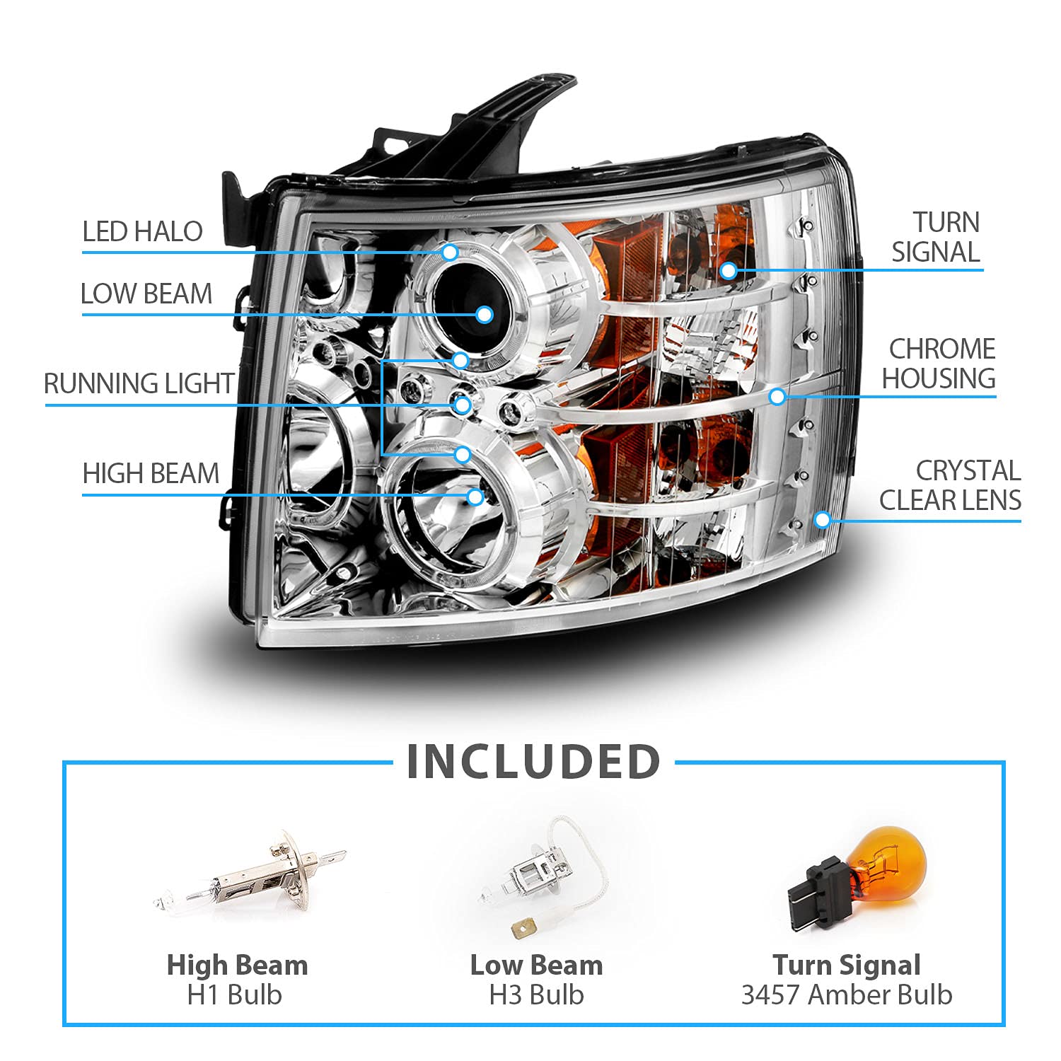 AmeriLite Chrome LED Halo Projector Headlights for Chevy Silverado 1500 2500 3500 - Pair (Driver & Passenger Side) - Upgrade Your Truck's Style & Night Visibility for Off-Roading & Daily Driving