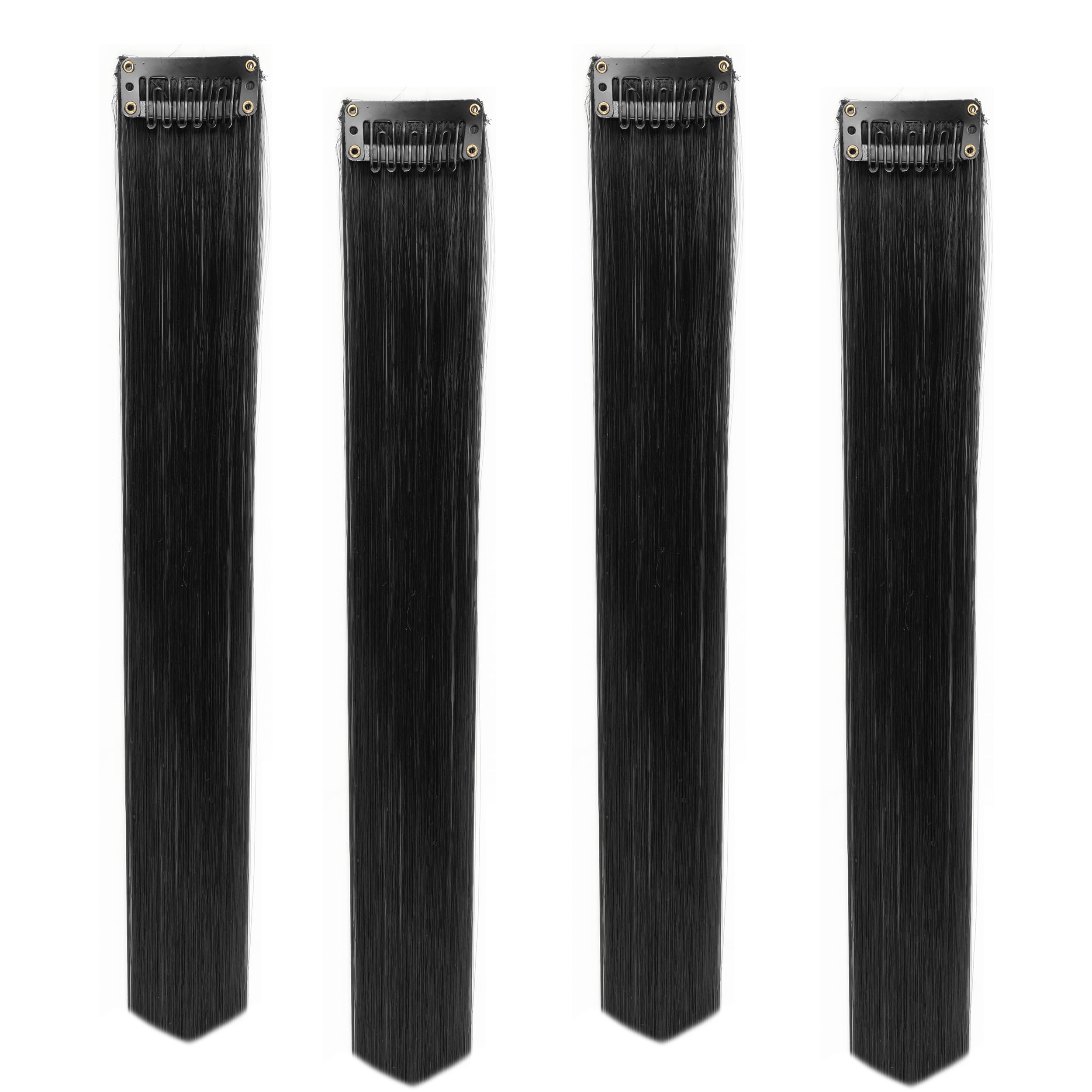 Paradise® Black Synthetic Hair Extensions 22 Inches - 4 Pack Clip-in Straight Hair Extensions for Women & Girls - Funky Colored Hair Streaks for Parties, Cosplay & Everyday Styling