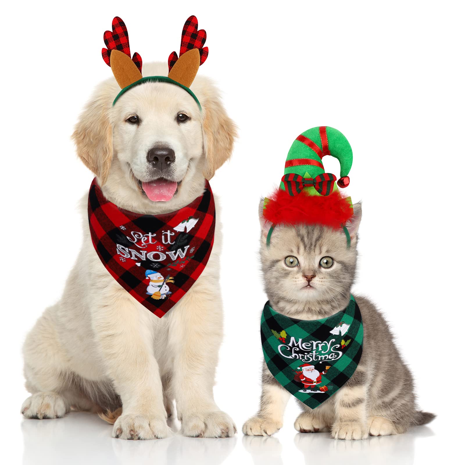 Christmas Pet Costume Set - Buffalo Plaid Scarf, Reindeer Antlers & Santa Hat for Dogs - Holiday Pet Decor & Photo Props
