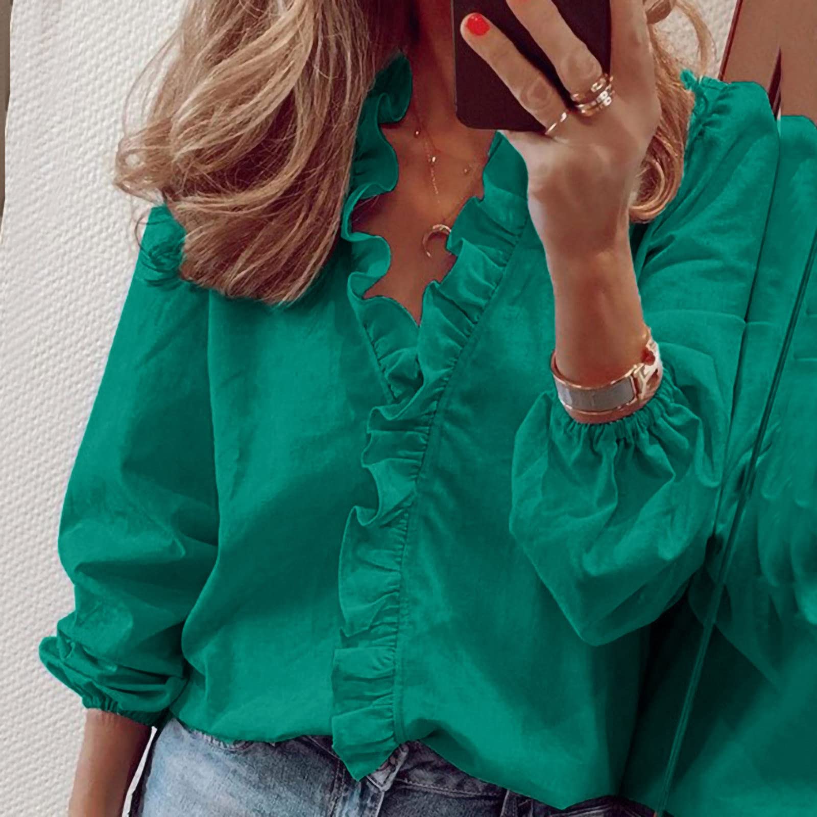 Women's Ruffle V-Neck Long Sleeve Blouse - Fashion Casual Loose Fit T-Shirt Top for Plus Size - Perfect for Office Wear, Date Nights & Everyday Outfits
