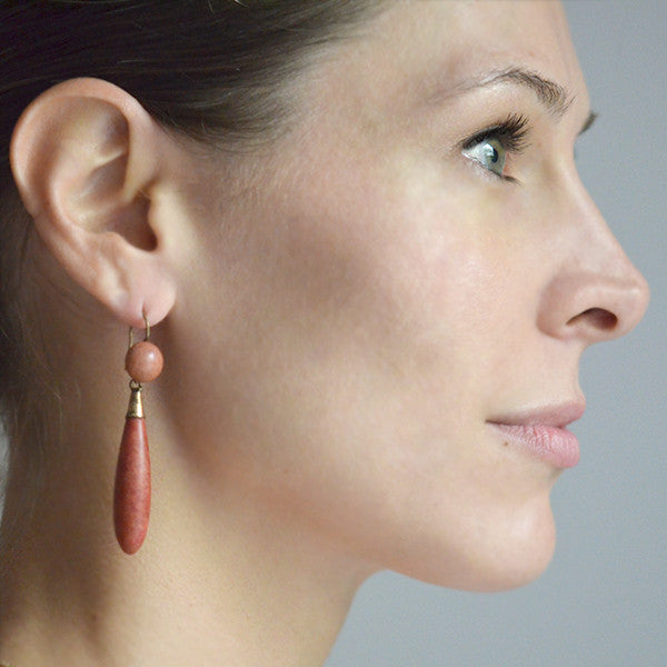 Victorian Style 9kt Gold Carved Jasper Teardrop Earrings - Elegant Dangle Jewelry for Women, Perfect for Weddings, Parties & Special Occasions