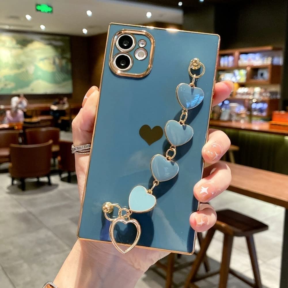 Electroplated Square Love Heart Phone Case for iPhone 11/12/Pro Max/XS/X/XR/7/8 Plus/Mini/SE 2020 - Stylish Bumper Back Cover with Bracelet Design, Gray - Perfect for Everyday Use & Gift Giving