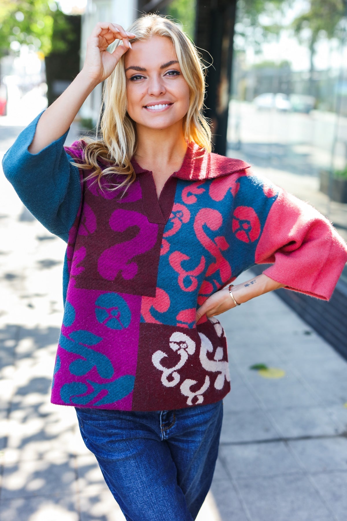 Stylish Wine Abstract Print Color Block Collar V-Neck Sweater for Women | Trendy Pullover for Fall & Winter | Perfect for Office, Date Night & Casual Outings