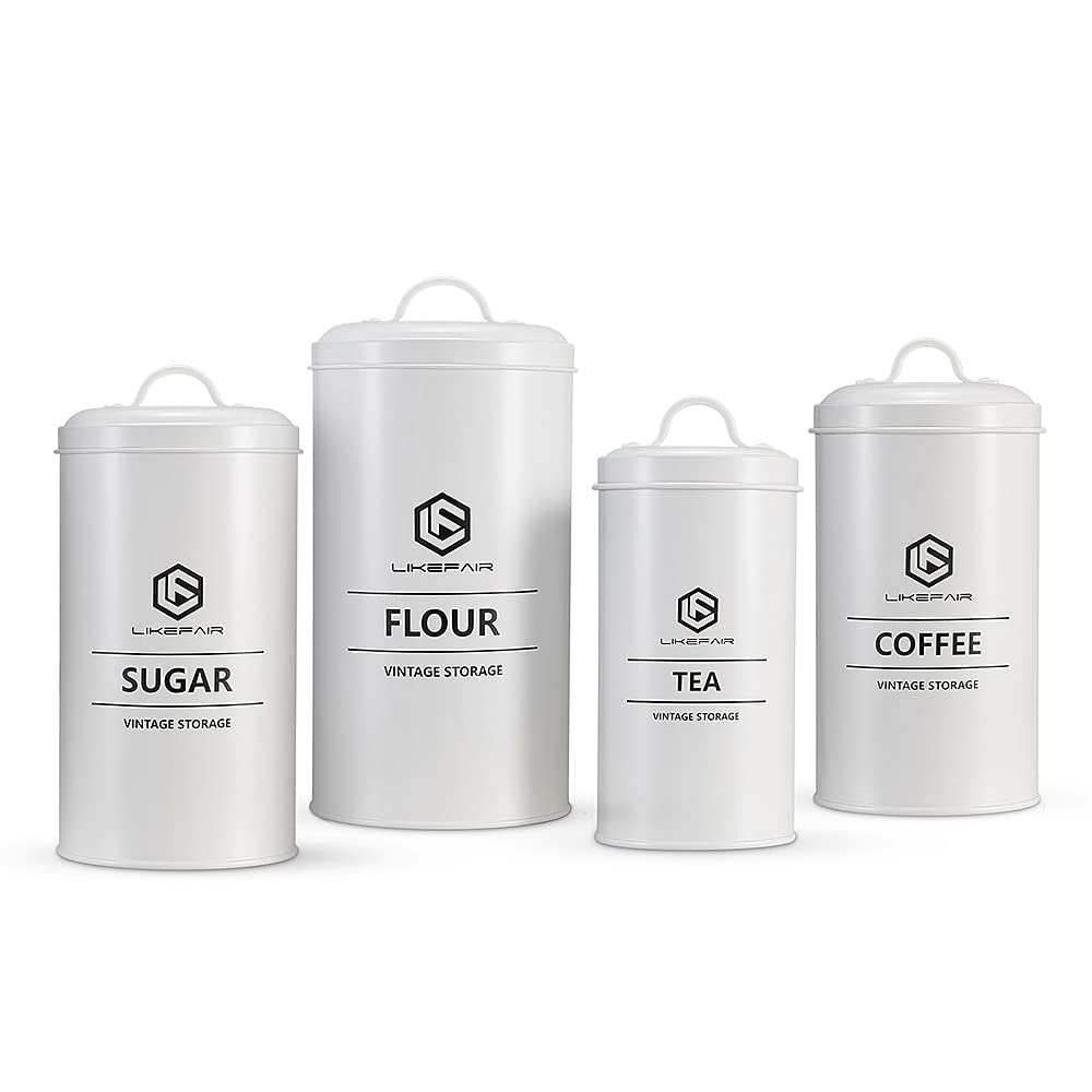 LF Likefair Farmhouse Kitchen Canister Set of 4 - Rustic Galvanized Counter Containers for Sugar, Flour, Coffee, Tea Storage | Perfect for Country Style Kitchen Decor & Organized Pantry