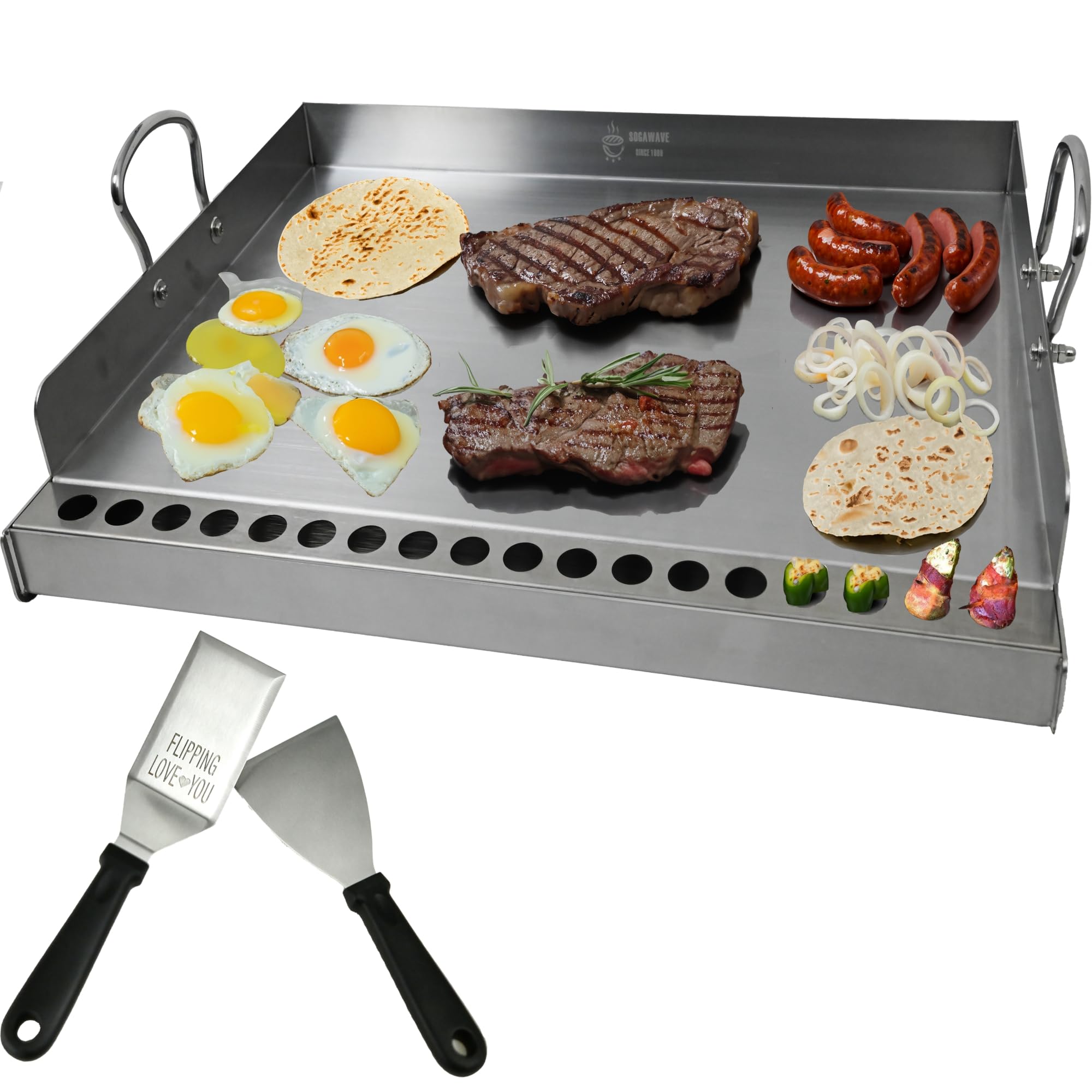 24X16 Inch Stainless Steel Flat Top Grill Plate with Built-in Jalapeño Rack | Pro-Grade Griddle for Gas & Charcoal Grills | Outdoor Cooking, Backyard BBQ & Family Gatherings | Heavy Duty Restaurant Quality Griddle for Burgers, Steaks & Vegetables