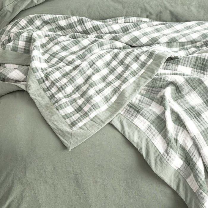 Renee Taylor EMERALD Gingham Washed Cotton Textured Blanket - Soft & Cozy Throw for Bed, Sofa, and Outdoor Picnics