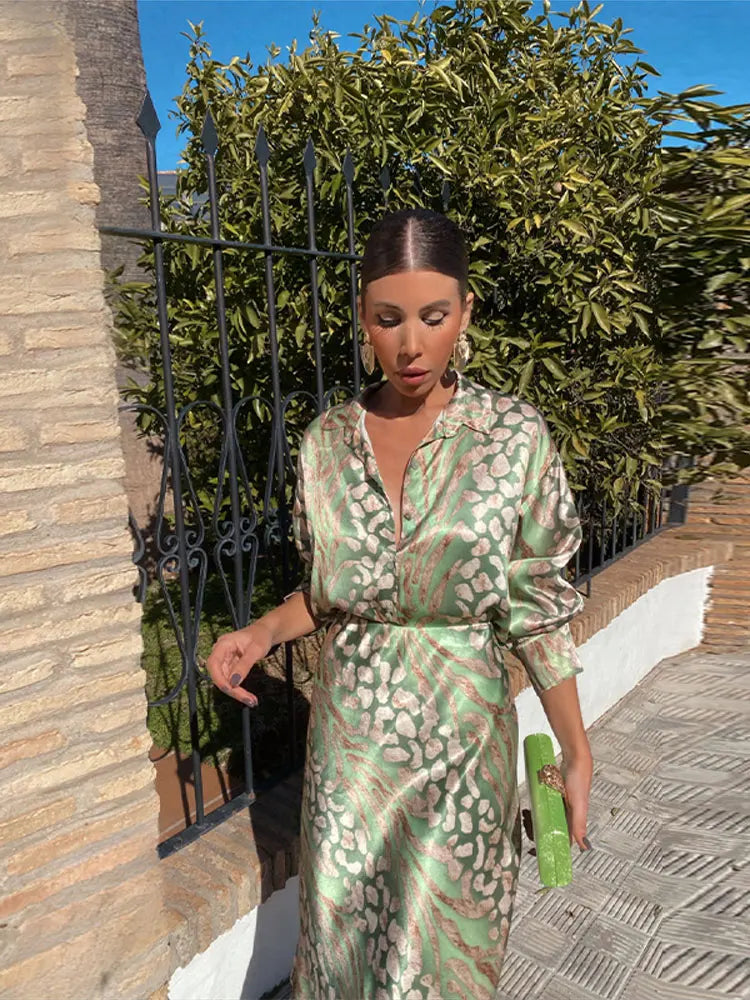 Stylish Women's Printed Shirt & High Waist Skirt 2-Piece Set - Summer Fashion Outfit with Lapel Sleeves for Casual Wear, Office, and Street Style