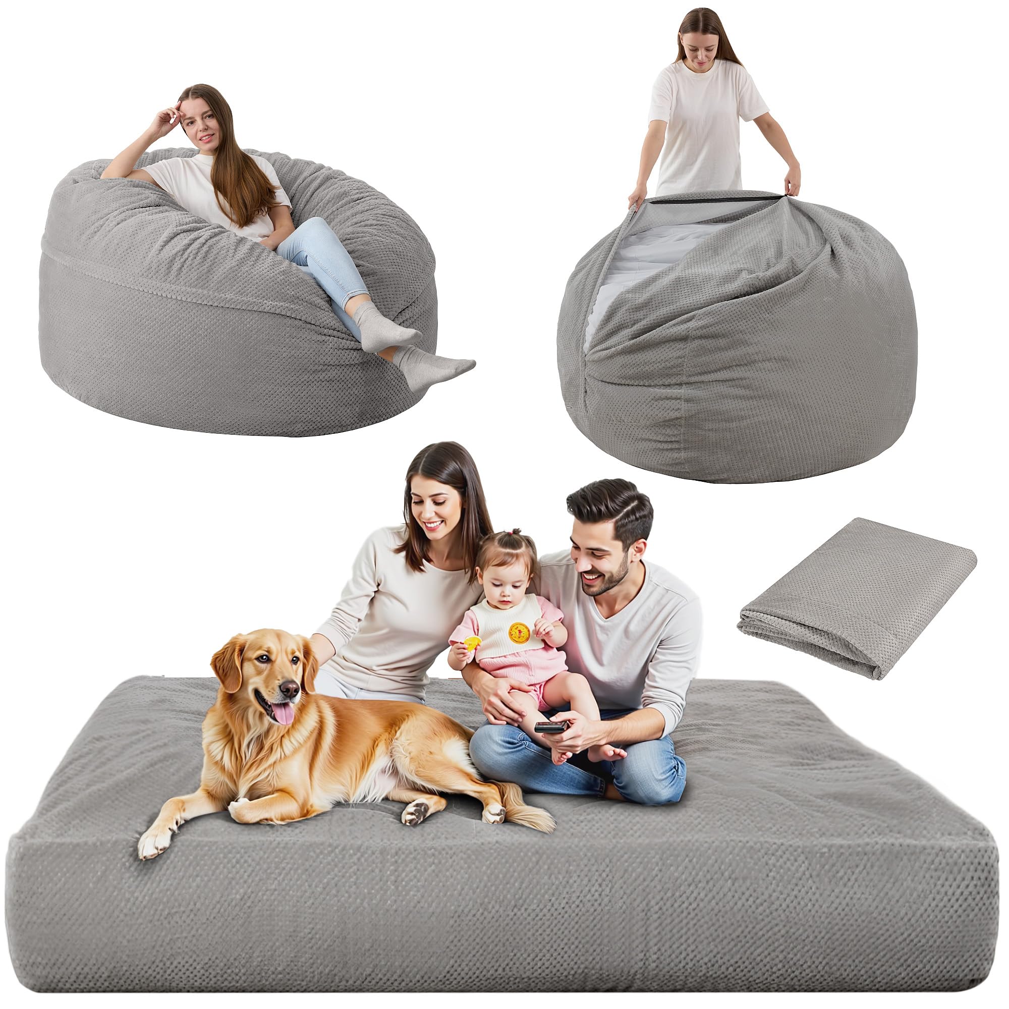 HABUTWAY Giant Chenille Bean Bag Chair - Ultra Soft Washable Cover, Convertible from Chair to Mattress - Large Comfortable Bean Bag for Adults, Couples & Family (Grey Queen) - Perfect for Living Room, Bedroom, Game Room & Home Theater Relaxation