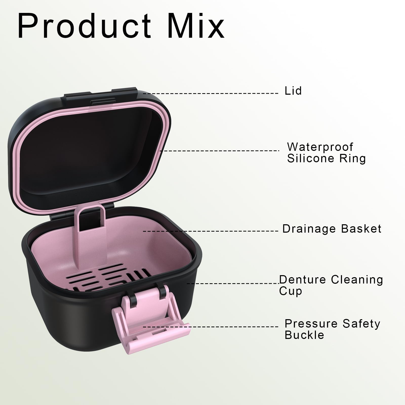 BVN Leak-Proof Denture Storage Case - Denture Soaking Cup & Retainer Cleaning Holder (Black/Pink) - Perfect for Travel, Nighttime Soaking & Denture Care at Home