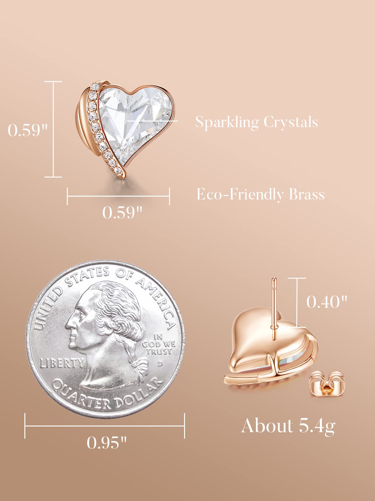 CDE Love Heart Stud Earrings for Women - Rose Gold Plated Earrings with Austrian Crystals, Elegant Jewelry Gift for Women, Mom, Wife - Perfect for Valentine's Day, Anniversary, Birthday & Everyday Wear