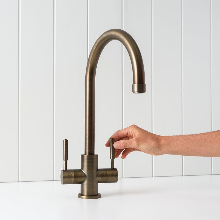 Antique Brass Melbourne Twin Tap Kitchen Mixer - Vintage Style Two Handle Sink Faucet for Farmhouse & Modern Kitchens