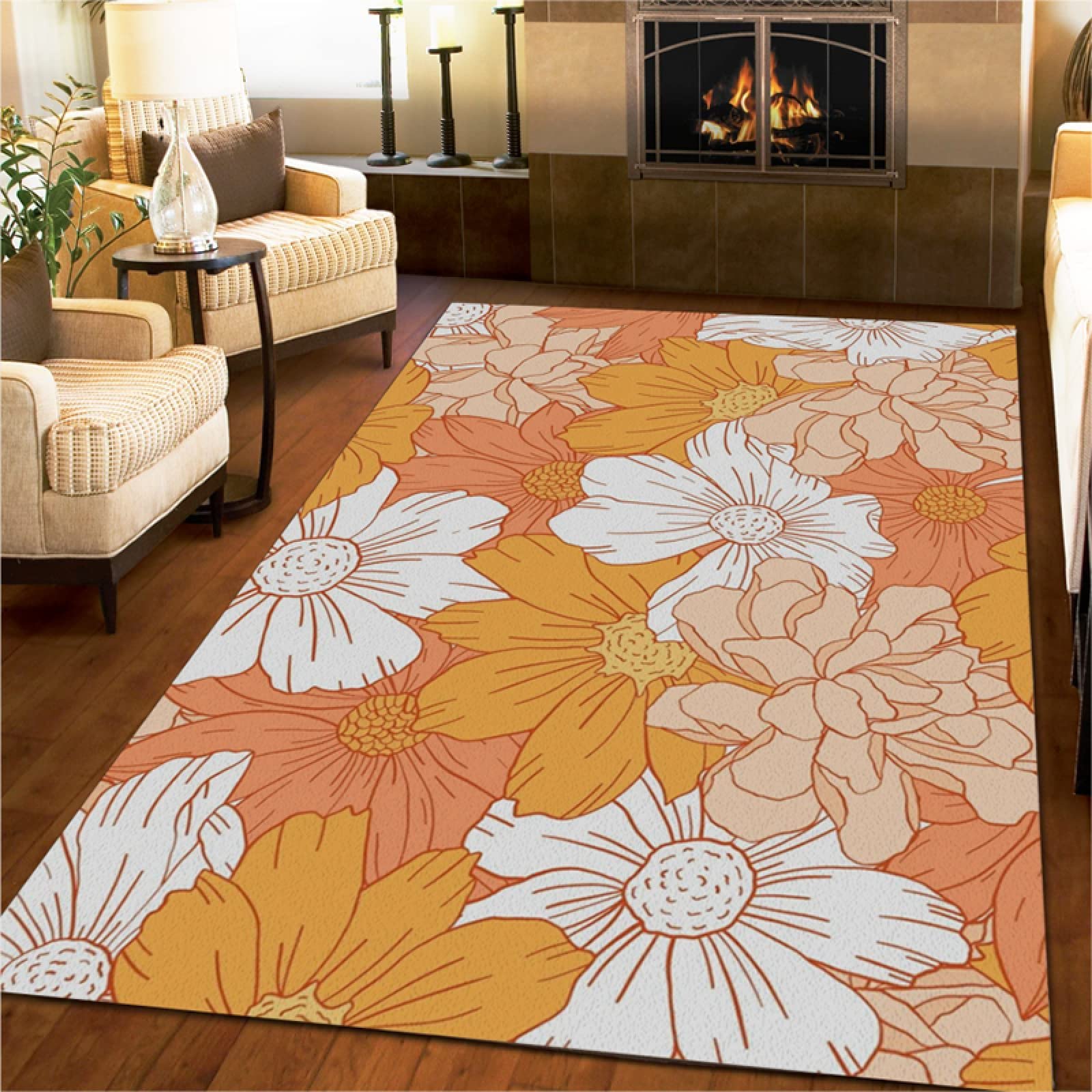 Modern Minimalist Pink and White Floral Area Rug - Soft, Washable, Non-Slip Backing - 6x4 Feet Home Decor for Living Room, Bedroom, Kitchen, Dining Room & Laundry - Perfect for Boho Chic, Farmhouse or Scandinavian Style Interiors