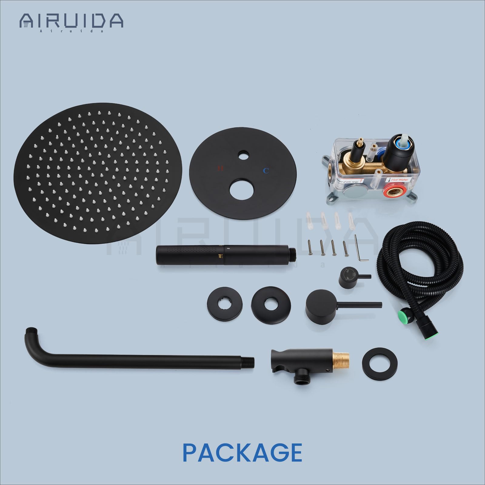 Airuida 2-Function Wall Mounted Shower Faucet Set - High Pressure Brass Handheld Shower with Rough-in Valve & 12 Inch Rainfall Shower Head in Matte Black - Perfect for Modern Bathroom Renovation & Spa-Like Shower Experience