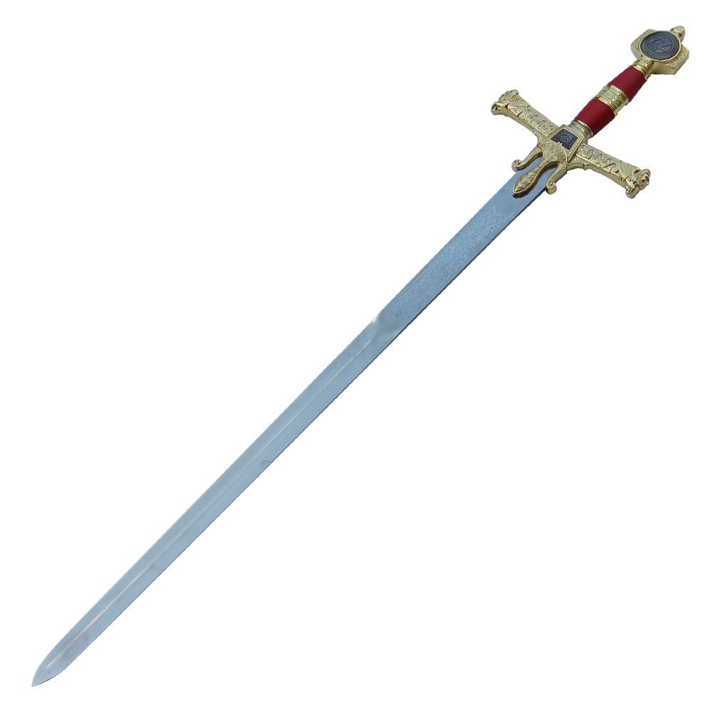 King Solomon Great Sword - Red Damascus Steel Blade with Leather Sheath - Medieval Fantasy Cosplay, LARP, and Collectible Display