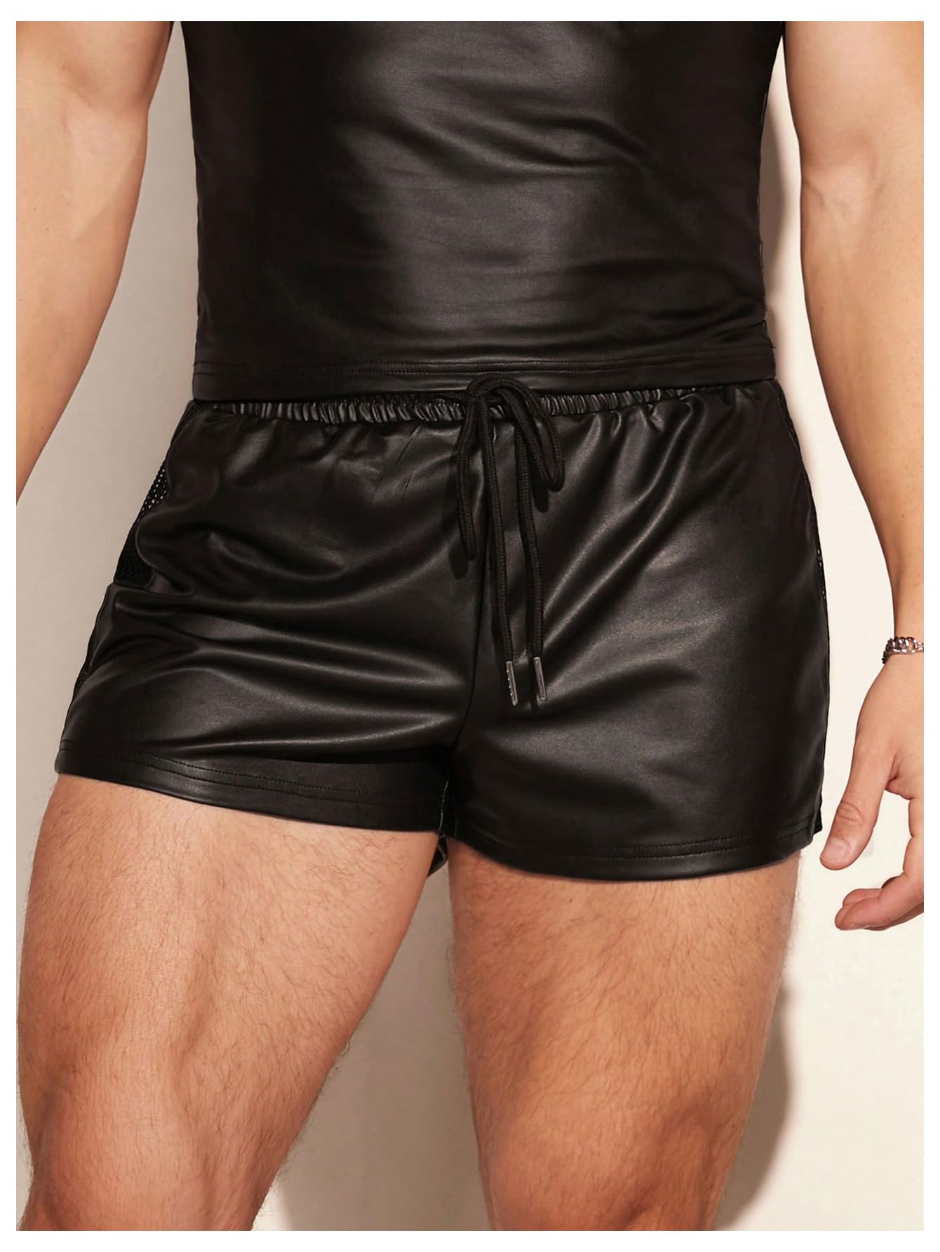 OYOANGLE Men's PU Leather Shorts with Drawstring & Elastic Waistband - Breathable Hollow Side Design for Party, Nightclub, and Summer Outfits