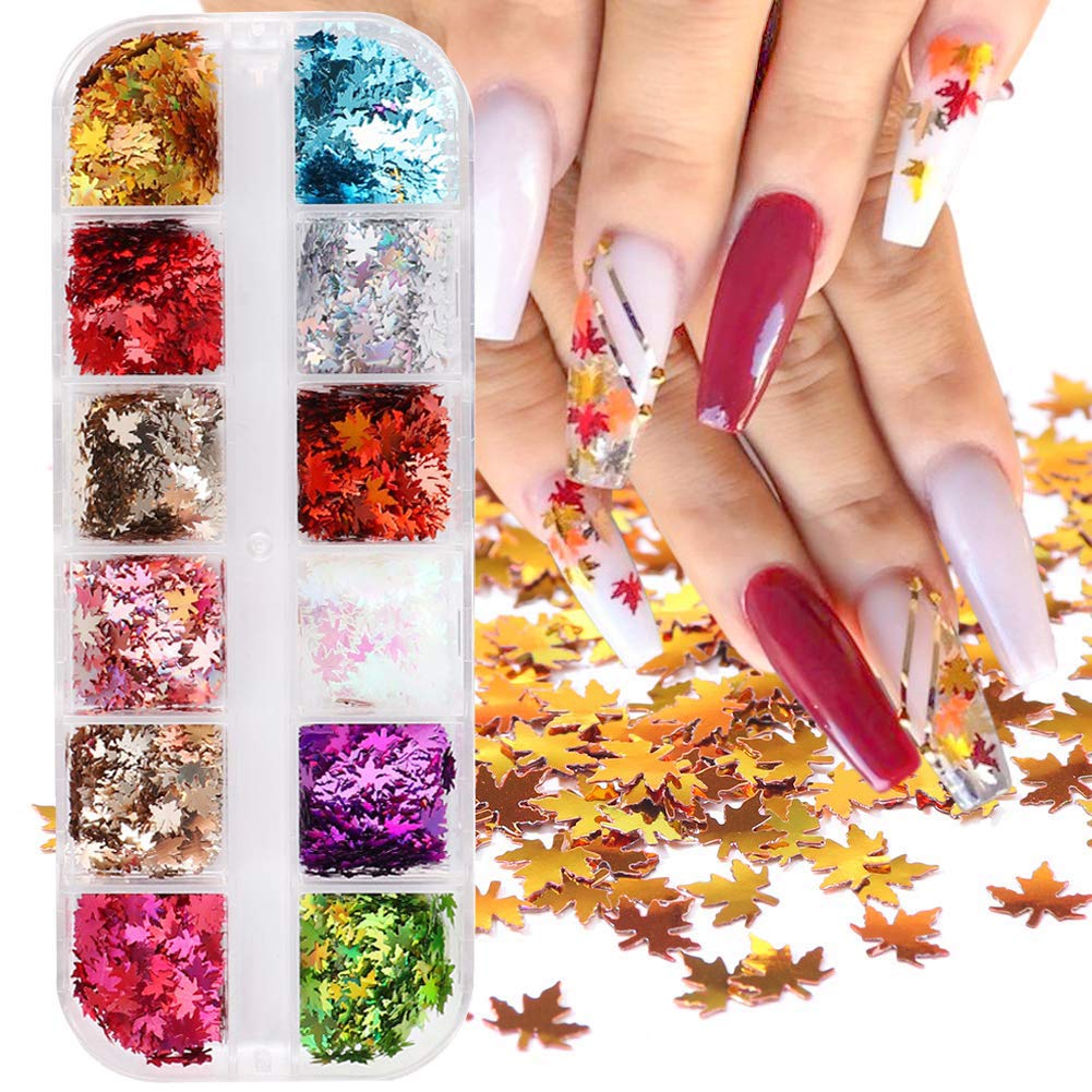 12 Colors Fall Nail Art Stickers - Maple Leaf Glitter Nail Sequins for Autumn Nail Designs, Gold Holographic Flakes & Acrylic Nail Decorations | Perfect for Halloween, Thanksgiving, Christmas Party Nail Art & DIY Manicure Accessories