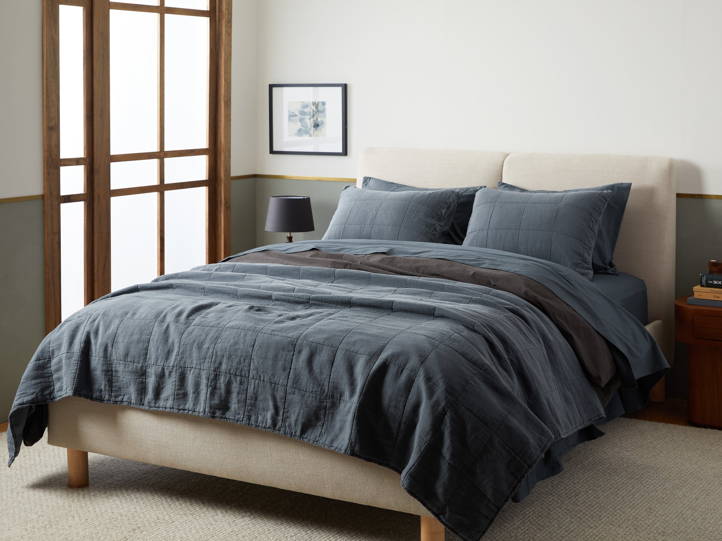 Linen Box Quilted Sham Set (Dusk) - Premium Bedding Pillow Covers for Queen Size - Soft & Breathable Linen Fabric - Perfect for Bedroom Decor, Guest Room, and Luxury Hotels