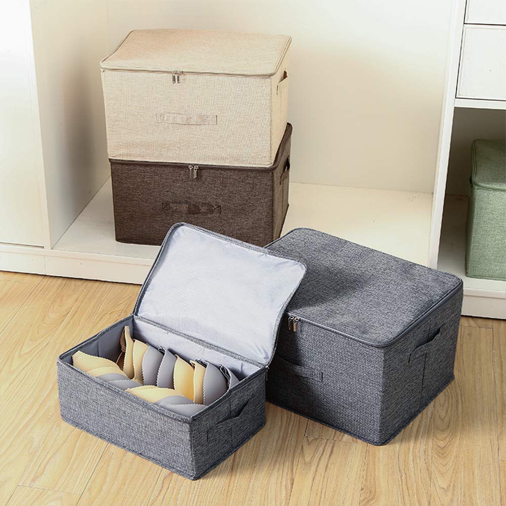 ANMINY 3-Piece Foldable Storage Bins with Zipper Lid & Handles - PP Plastic Board & Cotton Linen Fabric Organizer Boxes for Closet, Clothes, Home (Gray, Small) | Perfect for Bedroom, Nursery & Office Organization